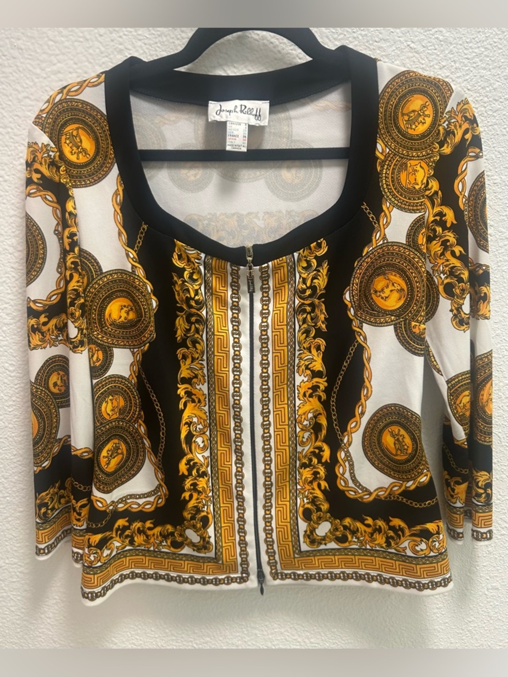 Joseph Ribkoff Black, Gold and White Baroque Zip-Front Tunic